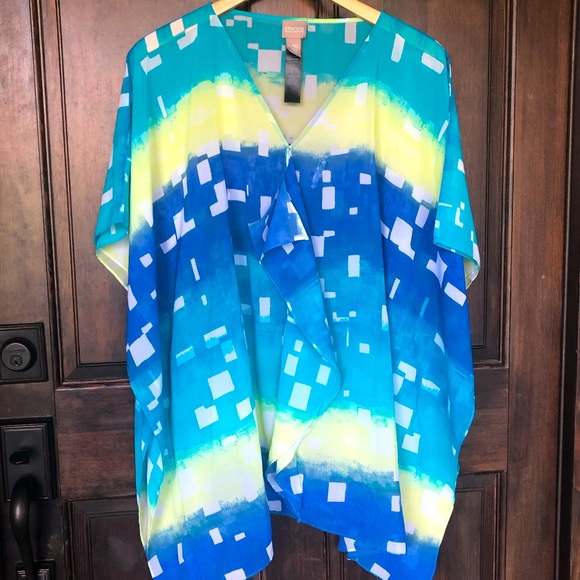 Chico's Tops - Chico’s L XL blue yellow print oversized top 14